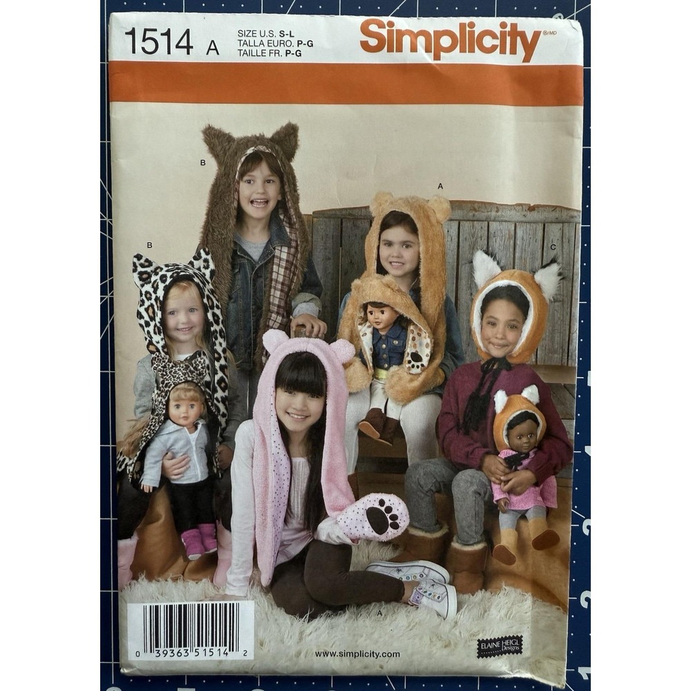 Simplicity Pattern 1514 Childs Animal Hat & Matching 18" Doll Hat Size S-L Uncut